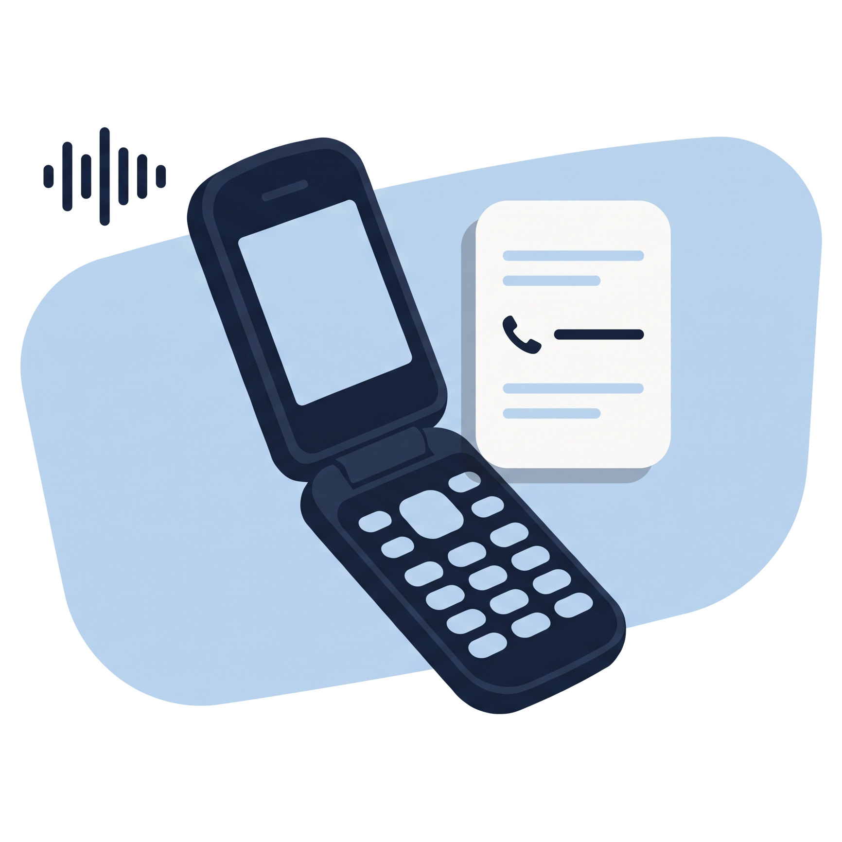 A flip phone with a speech waveform and a floating card showing an answer with a phone number